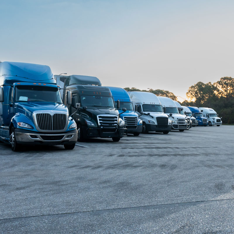 Row of large semi trucks parked next to one another.