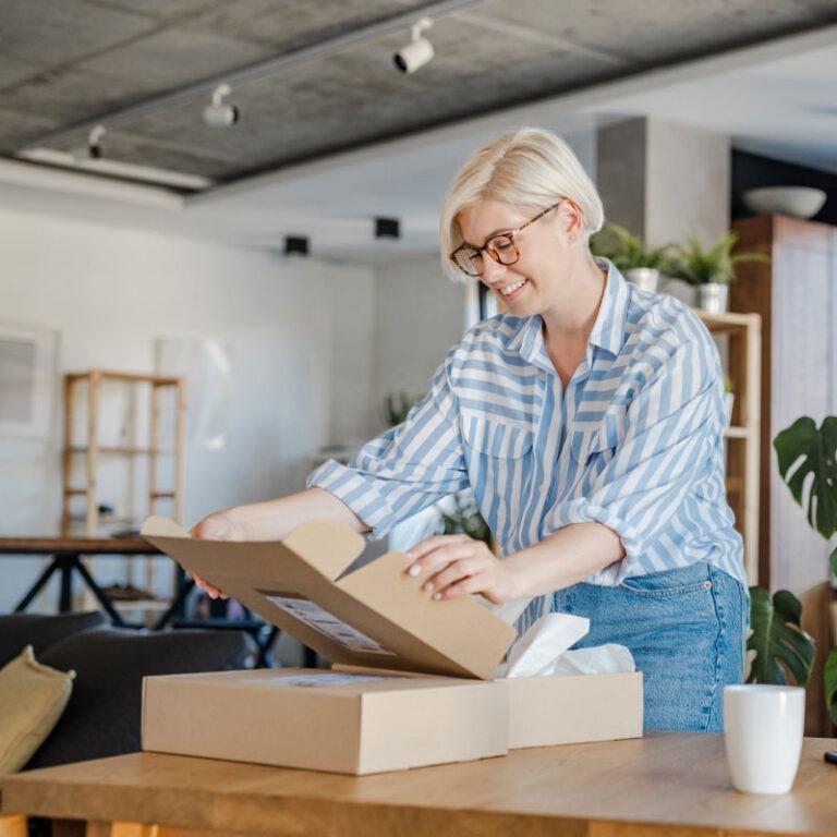 Woman opening package in home.