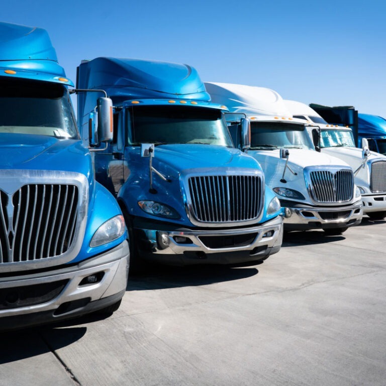 Large fleet of blue semi trucks parked in truck yard