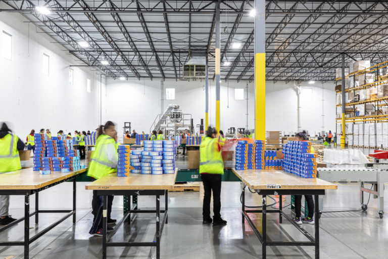 Warehouse workers working to in a display building assembly line.