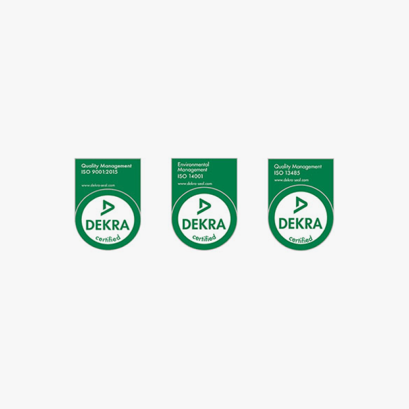 Three logos for the quality management, environmental, and quality management ISO Dekra awards.