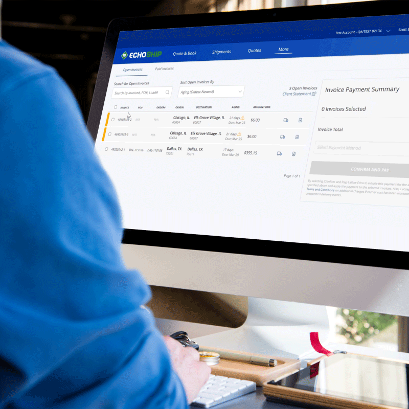 A shipper on a desktop computer using Echo's LTL and Truckload shipping platform, EchoShip, to ship freight.